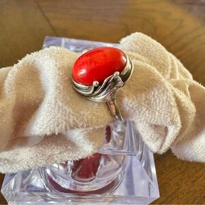 Vintage Marked Sterling Silver Ring with Red Coral Gemstone - size 6 1/4